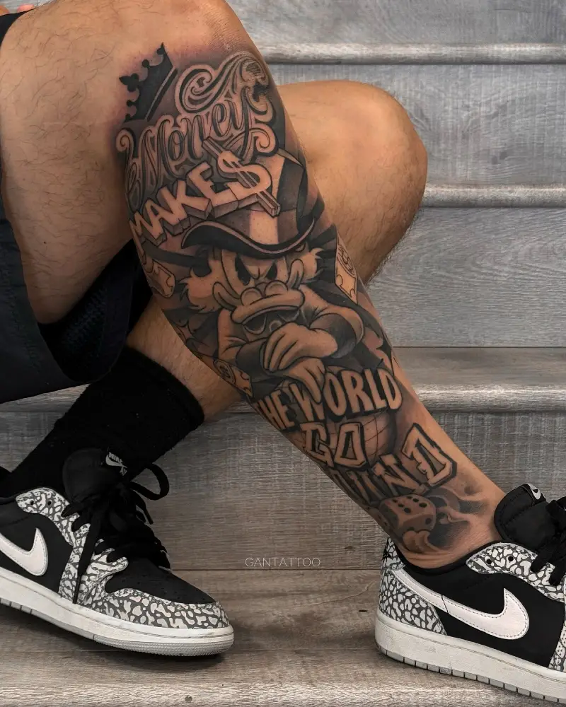 Black And Grey Scrooge McDuck Typography Calf Sleeve