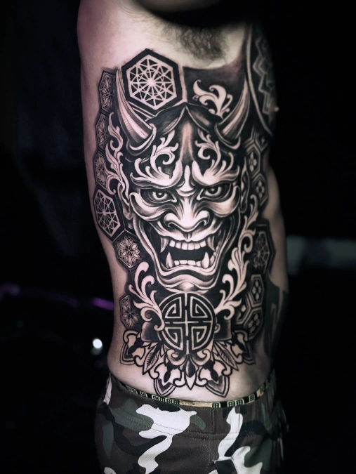 Bold Hannya Mask with Rigid Geometric Borders