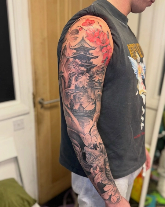 Cascading Waterfall And Cherry Blossom Sleeve