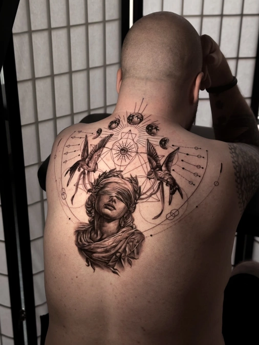 Classical Portrait With Geometric Moon Phases