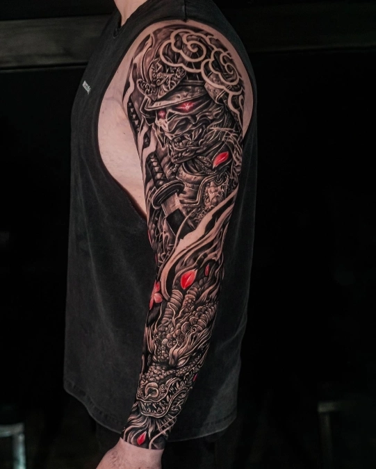 Dark Samurai And Textured Dragon With Red Accents