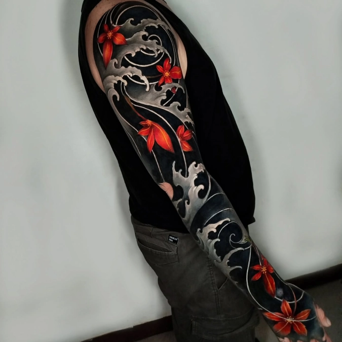 Deep Black Water And Crimson Floral Sleeve