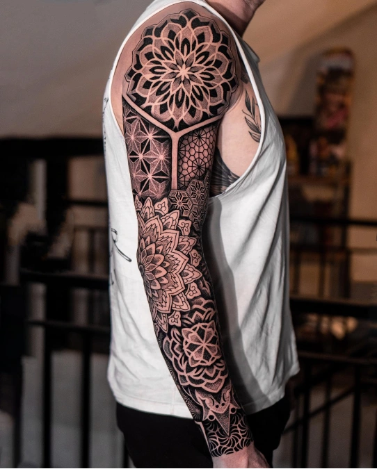 Dense Blackwork Mandala and Hexagon Sleeve