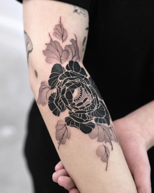 Dense Blackwork Peony And Hidden Skull Profile