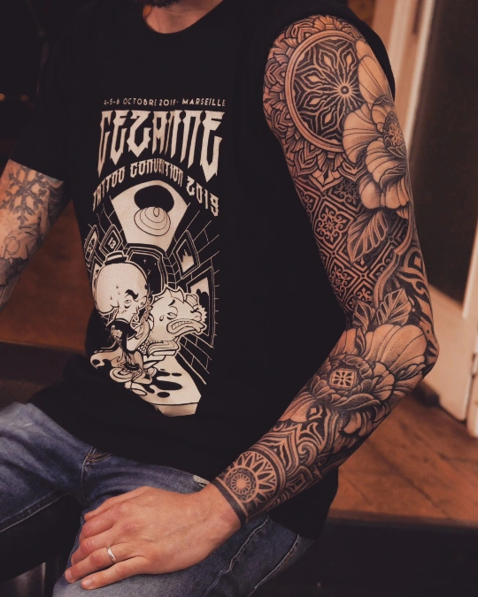 Dense Mandala Tiles and Plush Floral Sleeve
