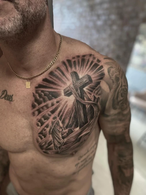 Draped Cross With Radiant Prayer Scene