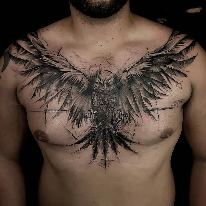 Expansive Blackwork Eagle with Geometric Lines