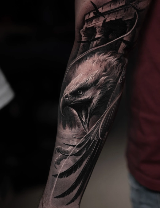 Fierce Eagle And Ancient Columns Forearm Piece