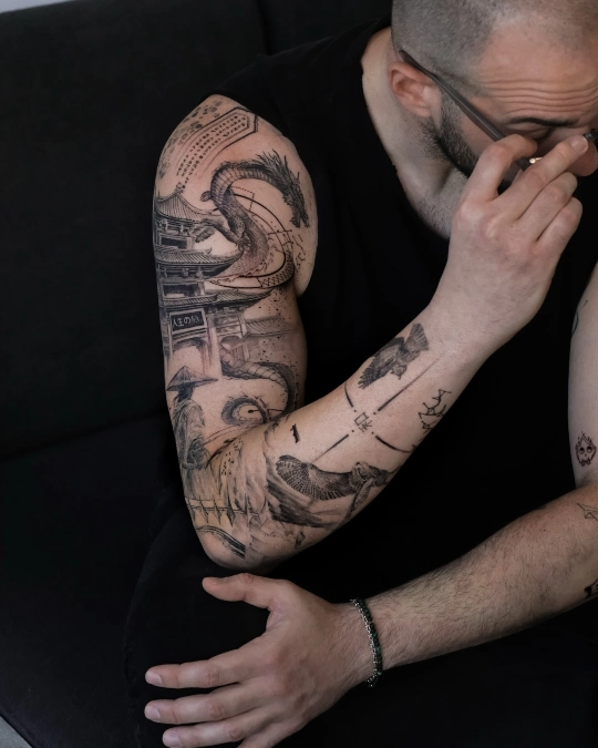 Fine Line Dragon And Geometric Pagoda Sleeve