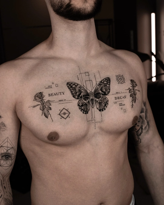 Fine Line Skull Butterfly With Architectural Geometry