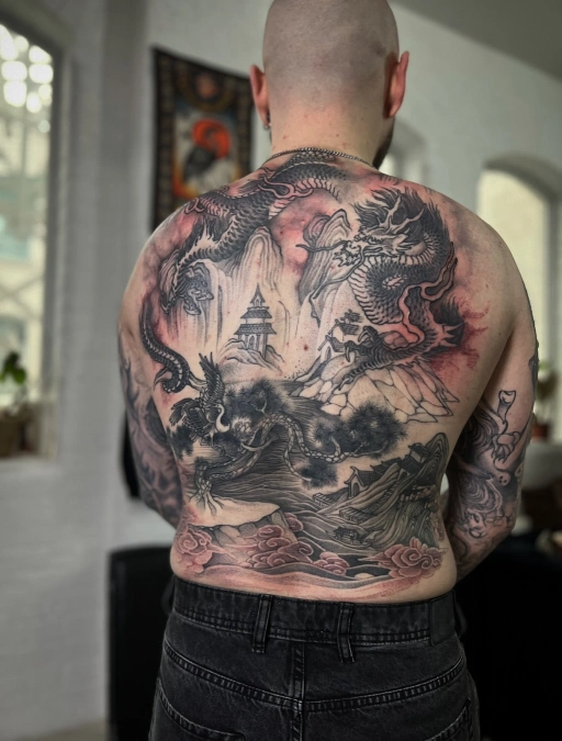 Flowing Eastern Landscape And Dragon Mural