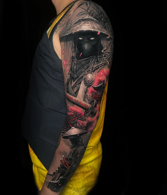 Glowing White Eyes And Crimson Temple Sleeve
