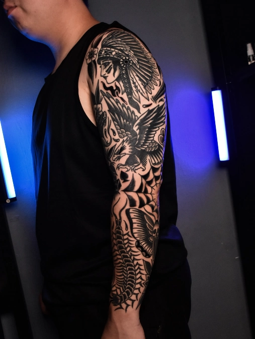 Heavy Blackwork Eagle And Centipede Flow