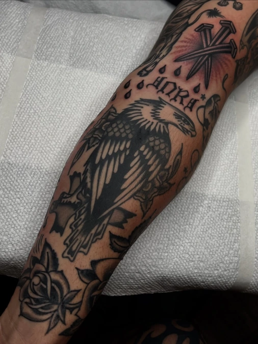 Heavy Blackwork Eagle With Red Accents