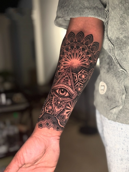 Heavy Blackwork Eye And Layered Honeycomb Geometry