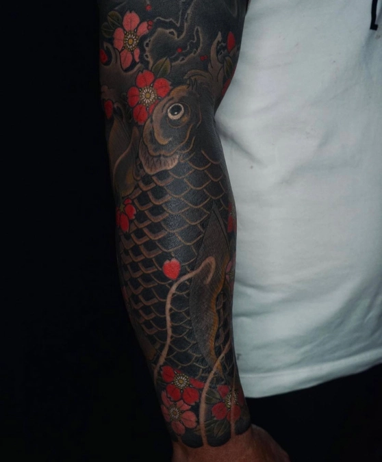 Heavy Blackwork Koi Fish With Red Florals
