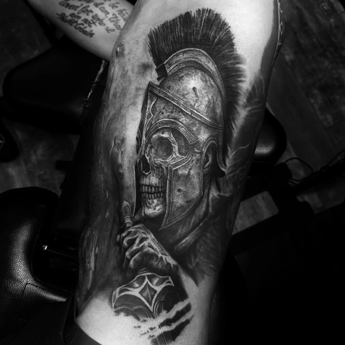 Heavy Blackwork Spartan Skull Portrait