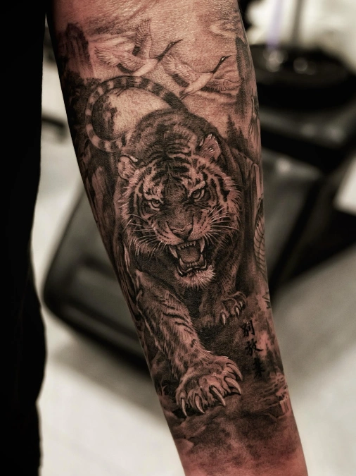Heavy Blackwork Tiger And Atmospheric Scenery
