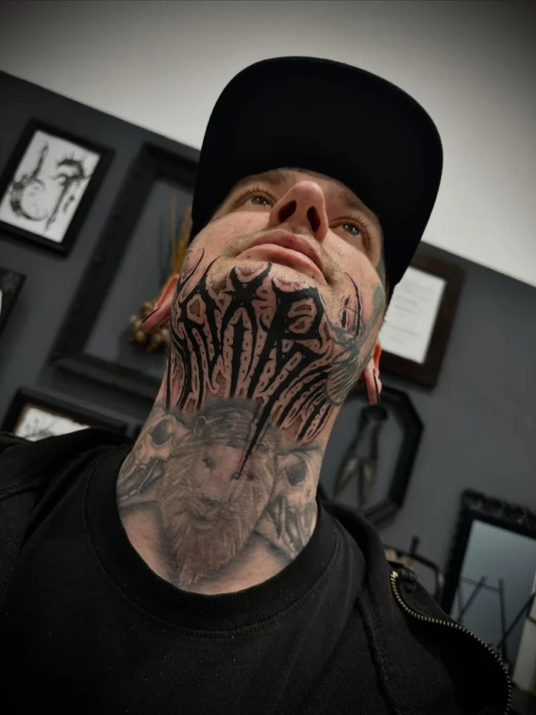 Heavy Tribal Chin Armor Over Faded Neck Portrait