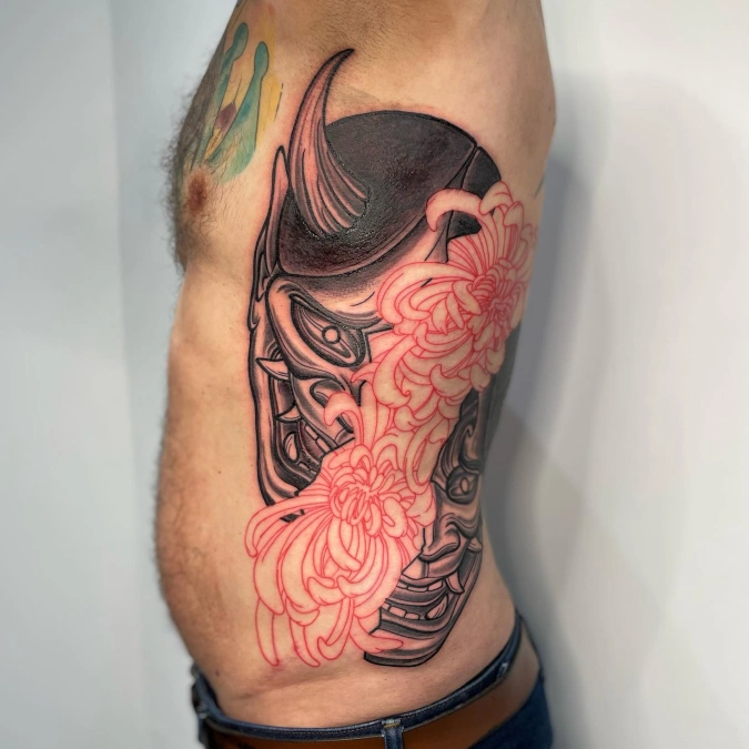 High Contrast Red Floral Over Heavy Blackwork