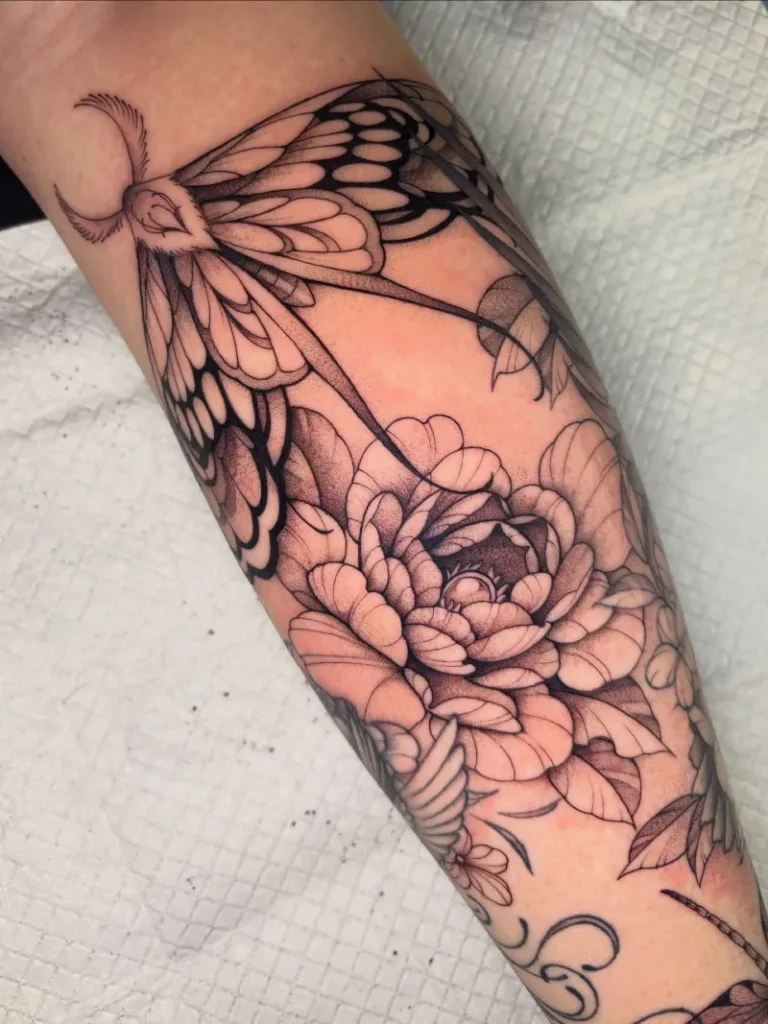 Large Blackwork Moth And Peony Calf Sleeve