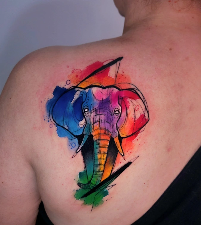 Prism Elephant Portrait With Dark Geometric Slash Accents