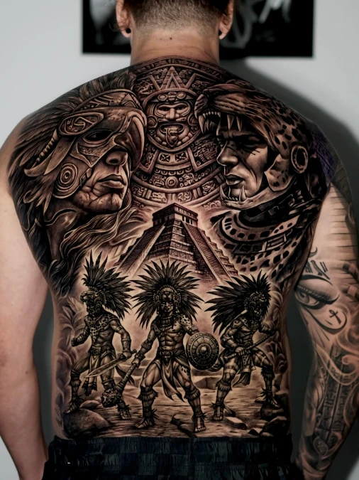 Mesoamerican Warrior Stone Carving Full Back Canvas