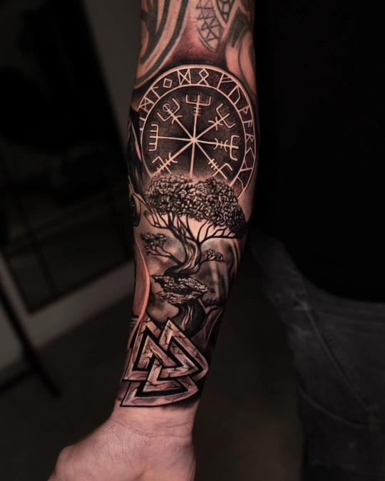 Norse Compass And Textured Tree Forearm Sleeve