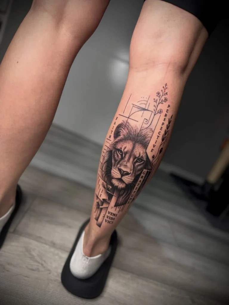 Realistic Lion Portrait With Geometric Typography Calf Ink