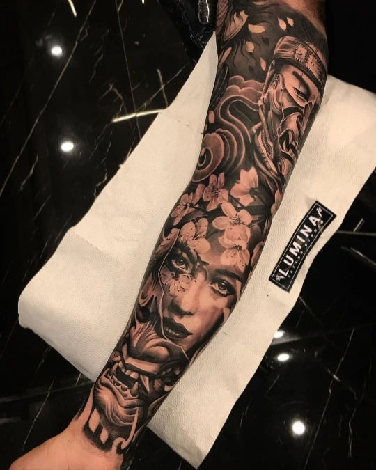 Realistic Portrait And Hannya Mask Arm Art