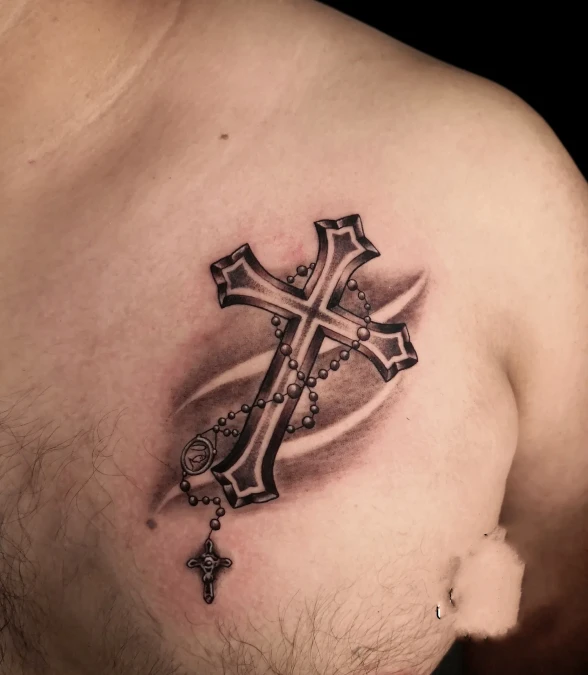 Rosary Wrapped Cross With Soft Shadow