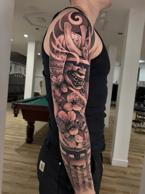 Samurai Armor And Floral Torii Gate Sleeve