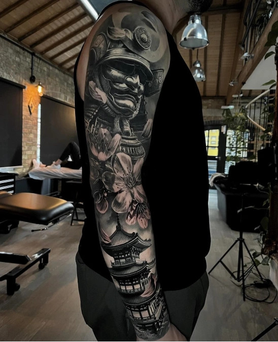 Samurai Helmet And Floral Pagoda Sleeve