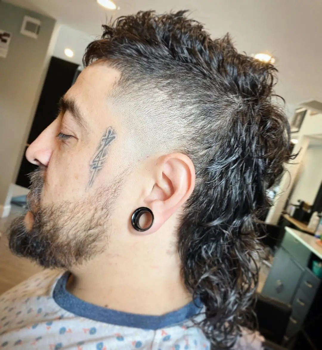Shaved Sides with Curly Rattail Mullet