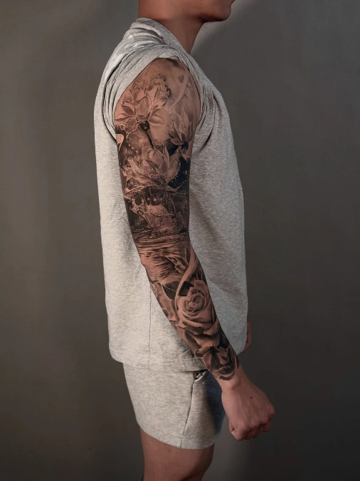 Soft Botanical Lotus And Rose Floral Sleeve