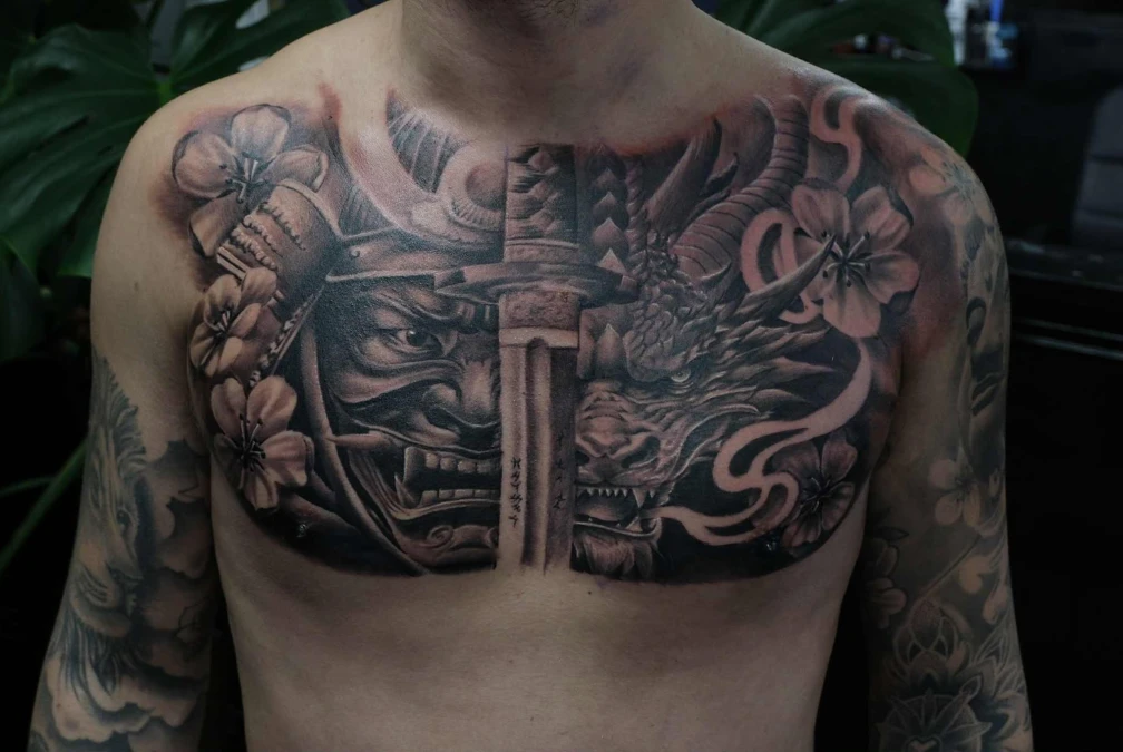 Split Face Samurai And Dragon With Sword