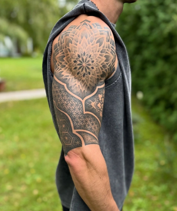 Stippled Mandala and Scalloped Half Sleeve