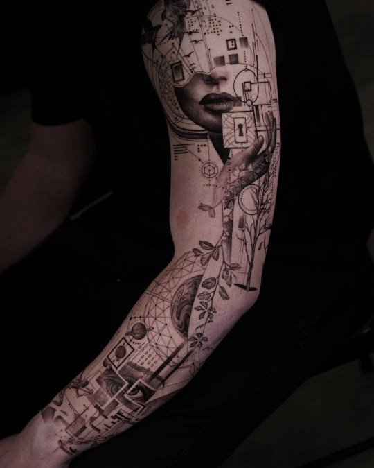 Surreal Portrait and Cosmic Geometry Sleeve