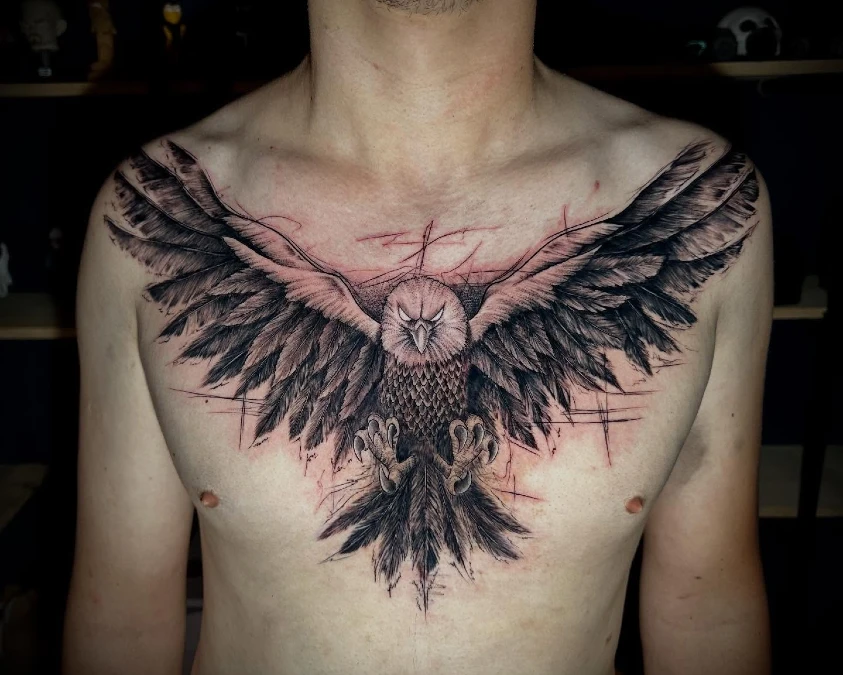 Symmetrical Sketch Style Eagle Across the Sternum