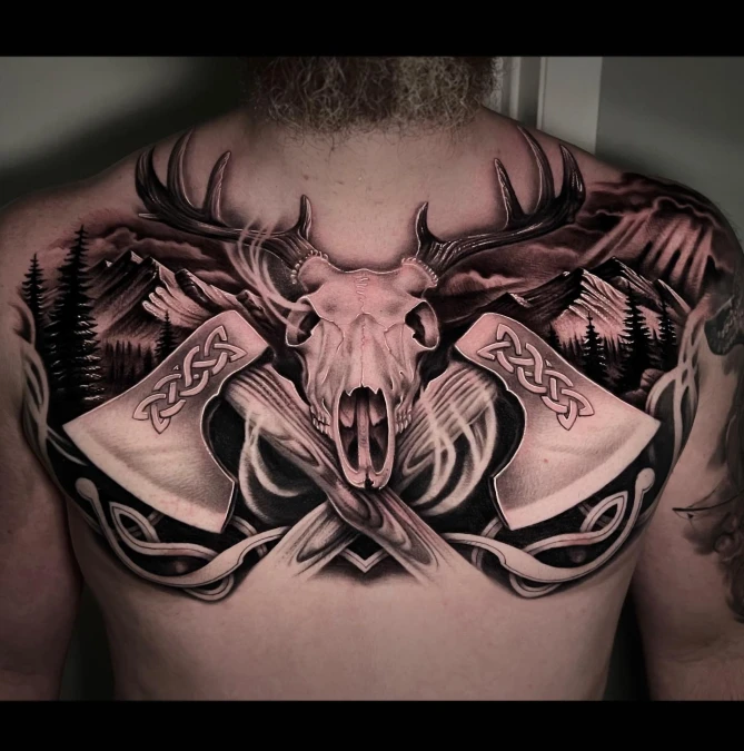 Symmetrical Stag Skull With Crossed Celtic Axes