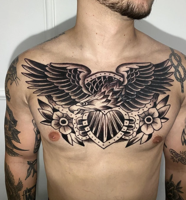 Traditional Eagle With Heart and Floral Borders