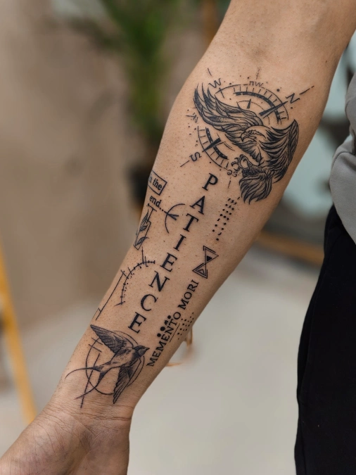 Vertical Typography And Schematic Bird Portraits