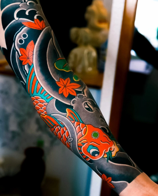 Vibrant Koi And Teal Water Wave Sleeve
