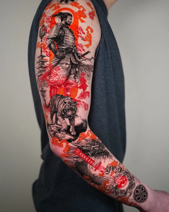 Vivid Red Cloud And Samurai Arm Art