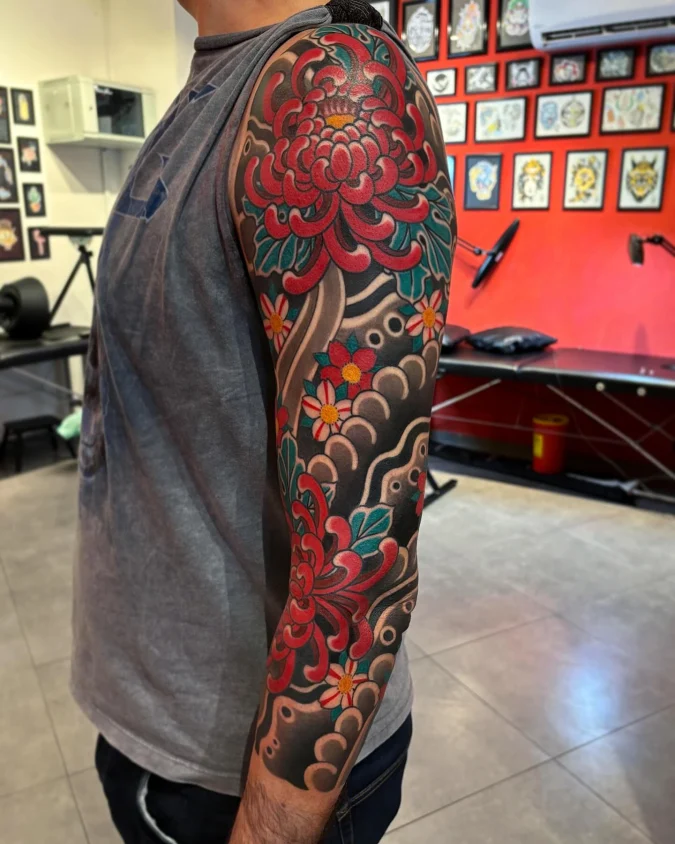 Vivid Red Chrysanthemum Full Sleeve Tattoo