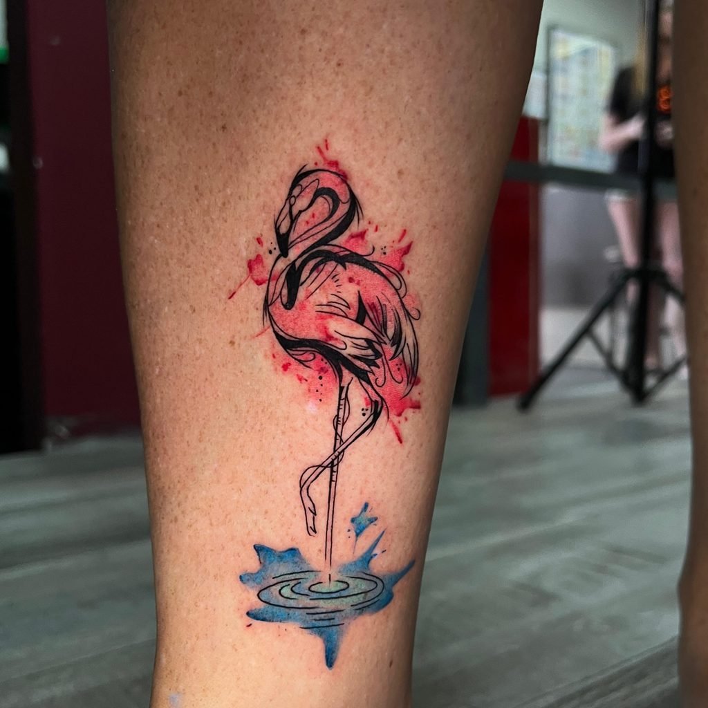 Crimson Flamingo Silhouette With Blue Water Ripple Wash
