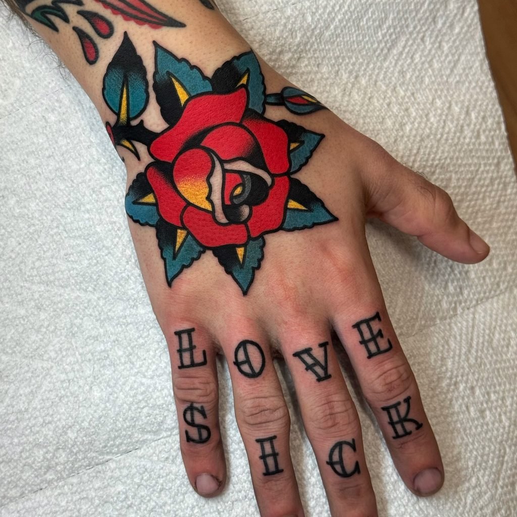 Bold Red Rose With Stacked Knuckle Lettering