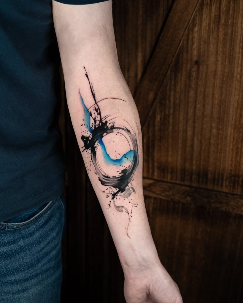 Minimalist Geometric Circle With Blue Watercolor Splash