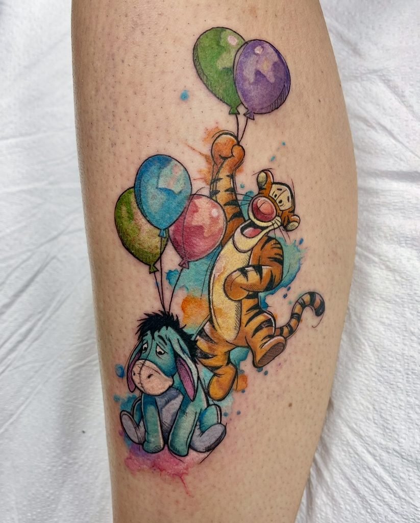 Nostalgic Animated Character Duo With Vibrant Balloon Watercolor Washes