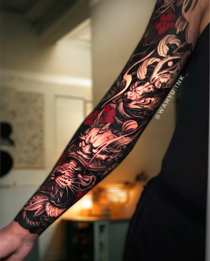 High Contrast Samurai Tiger Full Sleeve Tattoo